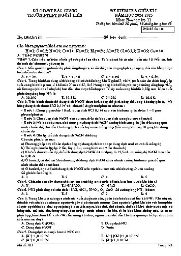 Đề kiểm tra giữa kì I Hóa học 11 - Mã đề 101 - Năm học 2024-2025 - Trường THPT Ngô Sĩ Liên (Có đáp án + Ma trận)