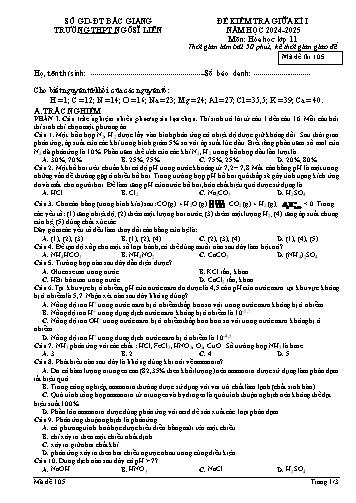 Đề kiểm tra giữa kì I Hóa học 11 - Mã đề 105 - Năm học 2024-2025 - Trường THPT Ngô Sĩ Liên (Có đáp án + Ma trận)