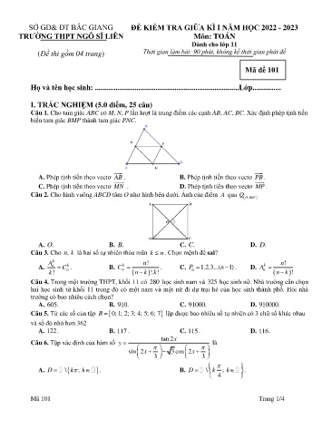 Đề kiểm tra giữa kì I Toán 11 - Mã đề 101 - Năm học 2022-2023 - Trường THPT Ngô Sĩ Liên