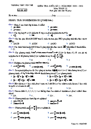 Đề kiểm tra giữa kì I Toán 11 - Mã đề 485 - Năm học 2020-2021 - Trường THPT Yên Thế (Có đáp án)