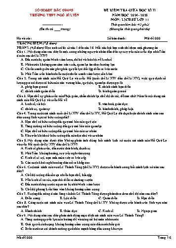 Đề kiểm tra giữa kì II Lịch sử 11 - Mã đề 000 - Năm học 2024-2025 - Trường THPT Ngô Sĩ Liên (Có đáp án + Ma trận)