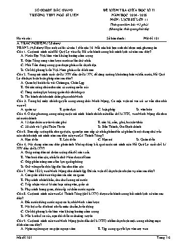 Đề kiểm tra giữa kì II Lịch sử 11 - Mã đề 101 - Năm học 2024-2025 - Trường THPT Ngô Sĩ Liên (Có đáp án + Ma trận)