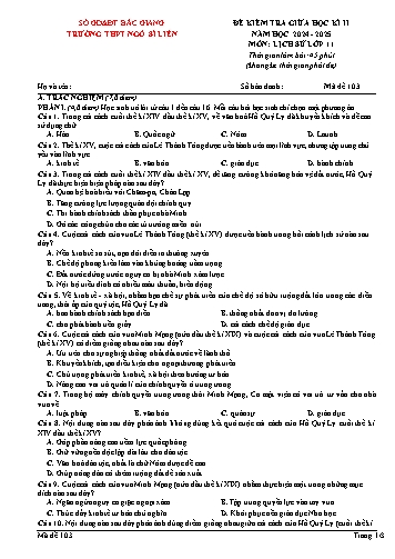 Đề kiểm tra giữa kì II Lịch sử 11 - Mã đề 103 - Năm học 2024-2025 - Trường THPT Ngô Sĩ Liên (Có đáp án + Ma trận)