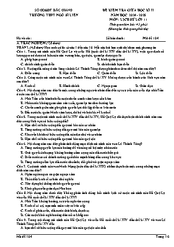 Đề kiểm tra giữa kì II Lịch sử 11 - Mã đề 104 - Năm học 2024-2025 - Trường THPT Ngô Sĩ Liên (Có đáp án + Ma trận)
