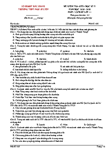 Đề kiểm tra giữa kì II Lịch sử 11 - Mã đề 105 - Năm học 2024-2025 - Trường THPT Ngô Sĩ Liên (Có đáp án + Ma trận)