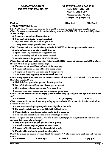 Đề kiểm tra giữa kì II Lịch sử 11 - Mã đề 106 - Năm học 2024-2025 - Trường THPT Ngô Sĩ Liên (Có đáp án + Ma trận)