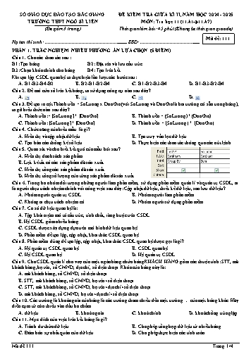 Đề kiểm tra giữa kì II Tin học 11 - Mã đề 111 - Năm học 2024-2025 - Trường THPT Ngô Sĩ Liên