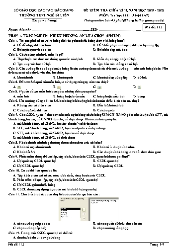 Đề kiểm tra giữa kì II Tin học 11 - Mã đề 113 - Năm học 2024-2025 - Trường THPT Ngô Sĩ Liên