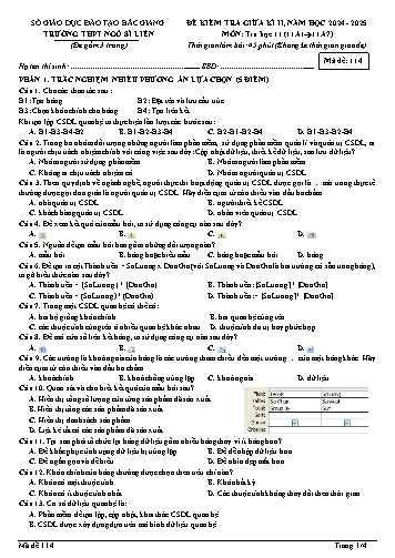 Đề kiểm tra giữa kì II Tin học 11 - Mã đề 114 - Năm học 2024-2025 - Trường THPT Ngô Sĩ Liên
