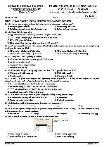 Đề kiểm tra giữa kì II Tin học 11 - Mã đề 116 - Năm học 2024-2025 - Trường THPT Ngô Sĩ Liên