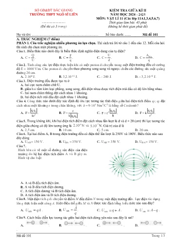 Đề kiểm tra giữa kì II Vật lí 11 - Mã đề 101 - Năm học 2024-2025 - Trường THPT Ngô Sĩ Liên (Có đáp án + Ma trận)