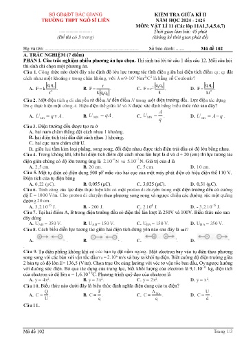 Đề kiểm tra giữa kì II Vật lí 11 - Mã đề 102 - Năm học 2024-2025 - Trường THPT Ngô Sĩ Liên (Có đáp án + Ma trận)