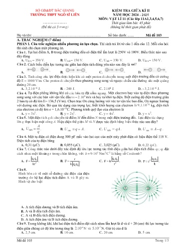 Đề kiểm tra giữa kì II Vật lí 11 - Mã đề 103 - Năm học 2024-2025 - Trường THPT Ngô Sĩ Liên (Có đáp án + Ma trận)