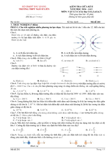 Đề kiểm tra giữa kì II Vật lí 11 - Mã đề 201 - Năm học 2024-2025 - Trường THPT Ngô Sĩ Liên (Có đáp án + Ma trận)