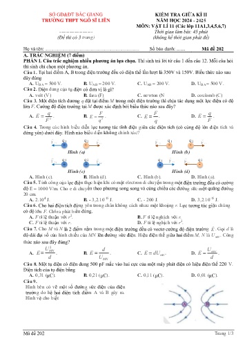 Đề kiểm tra giữa kì II Vật lí 11 - Mã đề 202 - Năm học 2024-2025 - Trường THPT Ngô Sĩ Liên (Có đáp án + Ma trận)