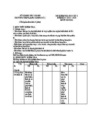 Đề kiểm tra học kì I GDCD 11 - Năm học 2019-2020 - Trường THPT Lạng Giang số 1 (Có đáp án + Ma trận)