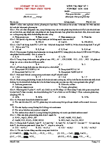 Đề kiểm tra học kì I Hóa học 11 - Mã đề 106 - Năm học 2024-2025 - Trường THPT Phan Châu Trinh