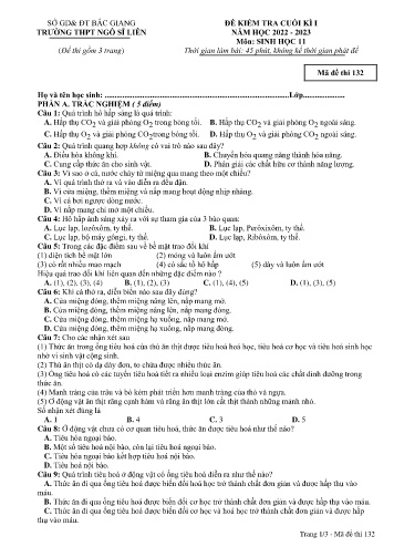 Đề kiểm tra học kì I Sinh học 11 - Mã đề 132 - Năm học 2022-2023 - Trường THPT Ngô Sĩ Liên