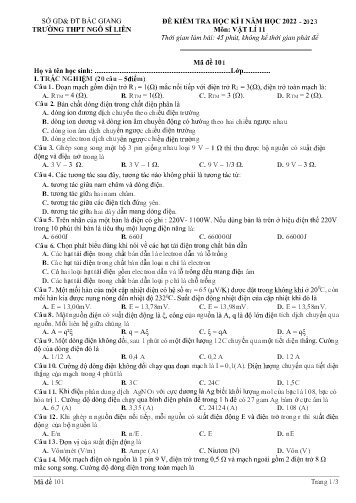 Đề kiểm tra học kì I Vật lí 11 - Mã đề 101 - Năm học 2022-2023 - Trường THPT Ngô Sĩ Liên (Có đáp án)