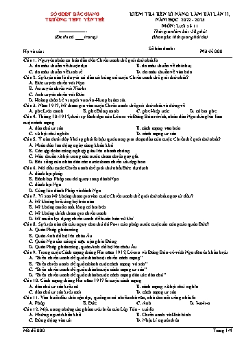 Đề kiểm tra rèn kĩ năng Lịch sử 11 (Lần 2) - Mã đề 000 - Năm học 2022-2023 - Trường THPT Yên Thế (Có đáp án)