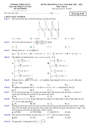 Đề ôn thi tháng Toán 11 (Lần 2) - Đề số 001 - Năm học 2022-2023 - Phạm Văn Gia