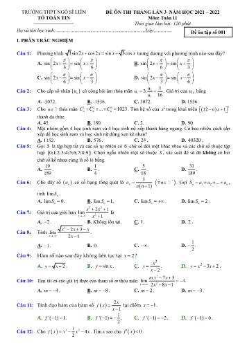 Đề ôn thi tháng Toán 11 (Lần 3) - Đề số 001 - Năm học 2021-2022 - Trường THPT Ngô Sĩ Liên