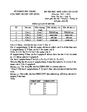 Đề thi HSG Cấp Cơ sở TIn học 11 - Năm học 2022-2023 - Cụm THPT Huyện Yên Dũng (Có đáp án)