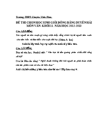 Đề thi HSG Đồng bằng Duyên hải Ngữ văn 11 - Năm học 2012-2013 - Trường THPT Chuyên Vĩnh Phúc (Có đáp án)