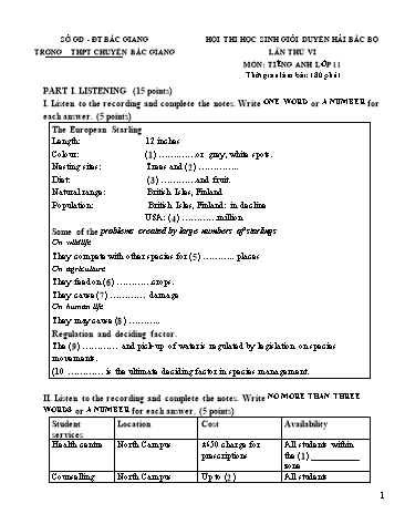 Đề thi HSG Duyên hải Bắc Bộ Tiếng Anh 11 (Lần thứ VI) - Trường THPT Chuyên Bắc Giang (Có đáp án)