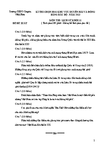 Đề thi HSG khu vực Duyên hải và Đồng bằng Bắc Bộ Lịch sử 11 - Trường THPT Chuyên Vĩnh Phúc (Có đáp án)