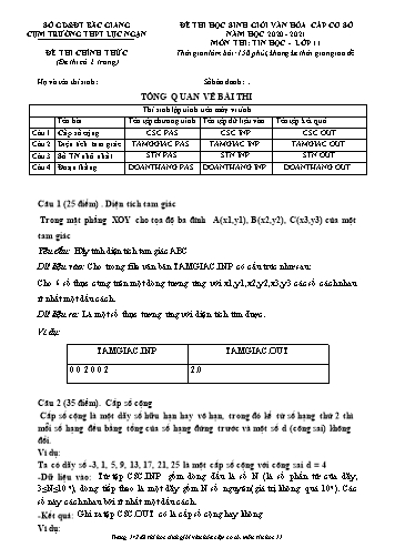 Đề thi HSG văn hóa Cấp Cơ sở Tin học 11 - Năm học 2020-2021 - Cụm trường THPT Lục Ngạn (Có đáp án)
