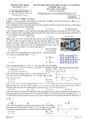 Đề thi HSG Văn hóa cấp trường Vật lí 11 - Mã đề 101 - Năm học 2024-2025 - Trường THPT Bố Hạ (Có đáp án)