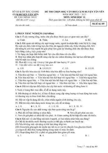 Đề thi HSG văn hóa cụm Huyện Tân Yên Sinh học 11 - Mã đề 408 - Năm học 2022-2023 - Sở GD&ĐT Bắc Giang (Có đáp án)