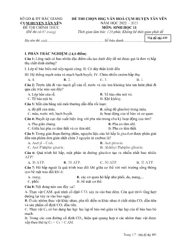 Đề thi HSG văn hóa cụm Huyện Tân Yên Sinh học 11 - Mã đề 409 - Năm học 2022-2023 - Sở GD&ĐT Bắc Giang (Có đáp án)