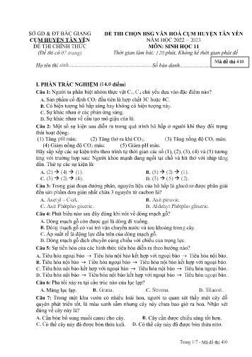 Đề thi HSG văn hóa cụm Huyện Tân Yên Sinh học 11 - Mã đề 410 - Năm học 2022-2023 - Sở GD&ĐT Bắc Giang (Có đáp án)
