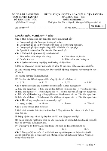 Đề thi HSG văn hóa cụm Huyện Tân Yên Sinh học 11 - Mã đề 411 - Năm học 2022-2023 - Sở GD&ĐT Bắc Giang (Có đáp án)