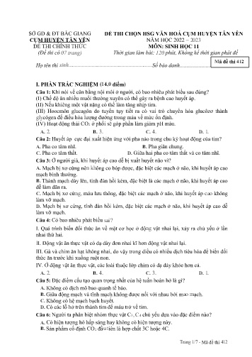 Đề thi HSG văn hóa cụm Huyện Tân Yên Sinh học 11 - Mã đề 412 - Năm học 2022-2023 - Sở GD&ĐT Bắc Giang (Có đáp án)