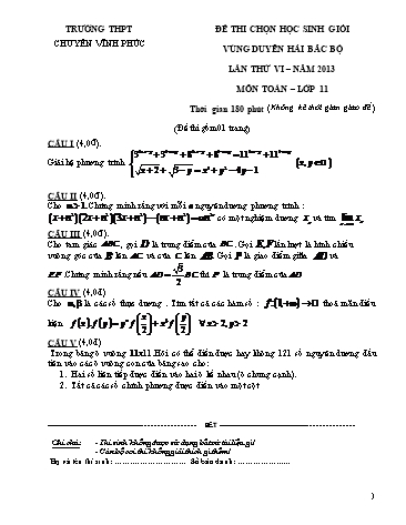 Đề thi HSG vùng Duyên hải Bắc Bộ Toán 11 (Lần thứ VI) - Trường THPT Chuyên Vĩnh Phúc (Có đáp án)