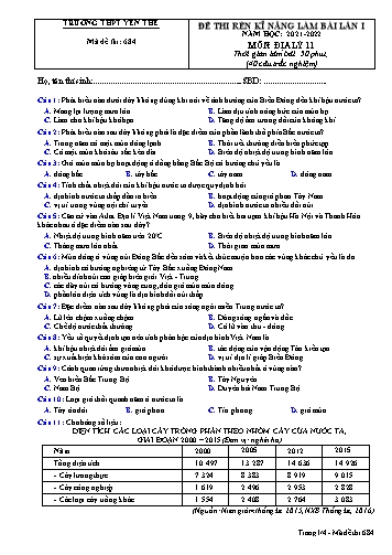 Đề thi rèn kĩ năng Địa lí 11 (Lần 1) - Mã đề 684 - Năm học 2021-2022 - Trường THPT Yên Thế (Có đáp án)