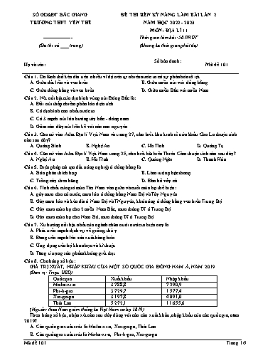 Đề thi rèn kĩ năng Địa lí 11 (Lần 2) - Mã đề 101 - Năm học 2022-2023 - Trường THPT Yên Thế (Có đáp án)