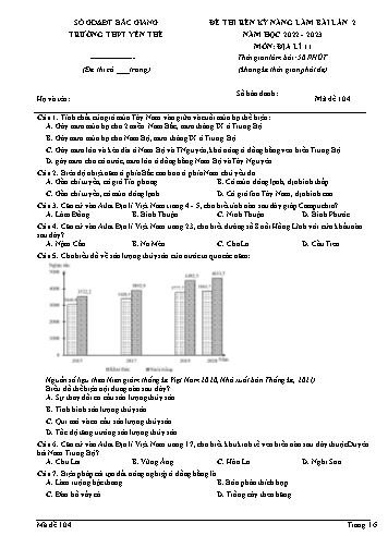 Đề thi rèn kĩ năng Địa lí 11 (Lần 2) - Mã đề 104 - Năm học 2022-2023 - Trường THPT Yên Thế (Có đáp án)