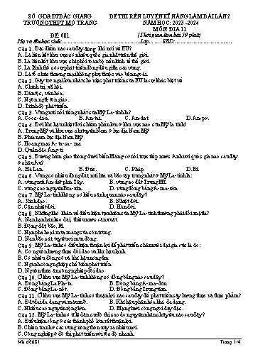 Đề thi rèn kĩ năng làm bài Địa lí 11 (Lần 2) - Mã đề 681 - Năm học 2023-2024 - Trường THPT Mỏ Trạng (Có đáp án)