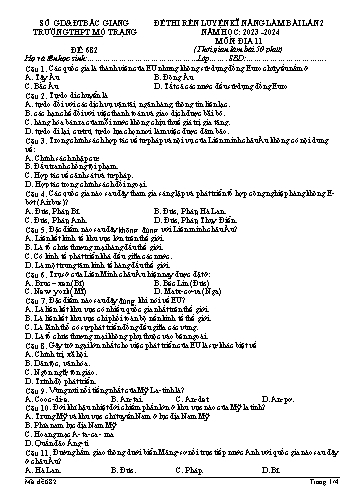 Đề thi rèn kĩ năng làm bài Địa lí 11 (Lần 2) - Mã đề 682 - Năm học 2023-2024 - Trường THPT Mỏ Trạng (Có đáp án)