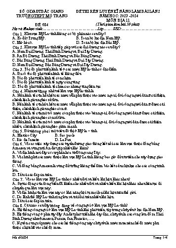 Đề thi rèn kĩ năng làm bài Địa lí 11 (Lần 2) - Mã đề 684 - Năm học 2023-2024 - Trường THPT Mỏ Trạng (Có đáp án)