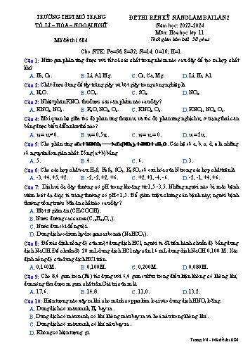 Đề thi rèn kĩ năng làm bài Hóa học 11 (Lần 2) - Mã đề 684 - Năm học 2023-2024 - Trường THPT Mỏ Trạng (Có đáp án)