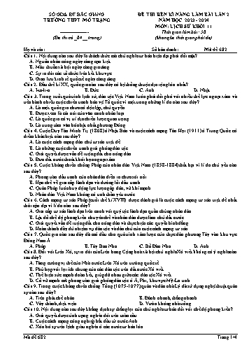 Đề thi rèn kĩ năng làm bài Lịch sử 11 (Lần 2) - Mã đề 682 - Năm học 2023-2024 - Trường THPT Mỏ Trạng (Có đáp án)