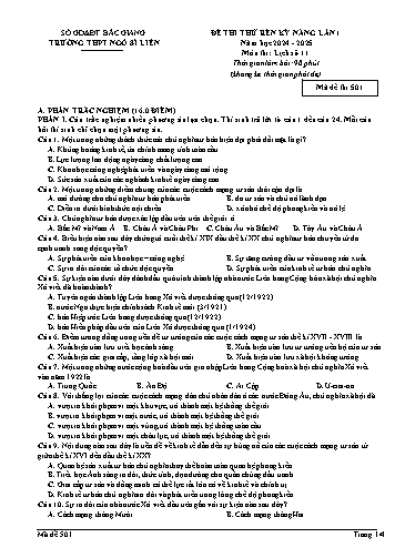 Đề thi rèn kĩ năng Lịch sử 11 (Lần 1) - Mã đề 501 - Năm học 2024-2025 - Trường THPT Ngô Sĩ Liên (Có đáp án + Ma trận)