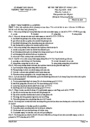 Đề thi rèn kĩ năng Lịch sử 11 (Lần 1) - Mã đề 504 - Năm học 2024-2025 - Trường THPT Ngô Sĩ Liên (Có đáp án + Ma trận)