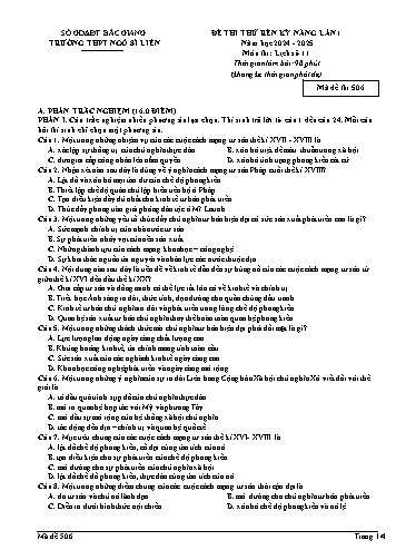 Đề thi rèn kĩ năng Lịch sử 11 (Lần 1) - Mã đề 506 - Năm học 2024-2025 - Trường THPT Ngô Sĩ Liên (Có đáp án + Ma trận)