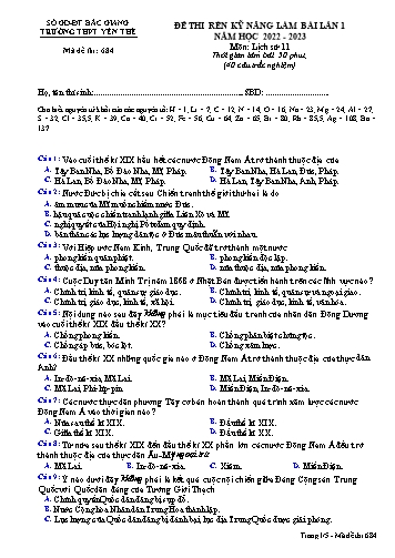 Đề thi rèn kĩ năng Lịch sử 11 (Lần 1) - Mã đề 684 - Năm học 2022-2023 - Trường THPT Yên Thế (Có đáp án)